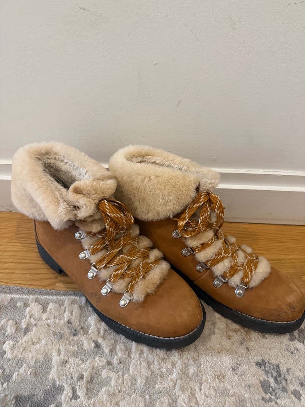 J. Crew Tan Nubuck Lace-Up Shearling Collar Boots